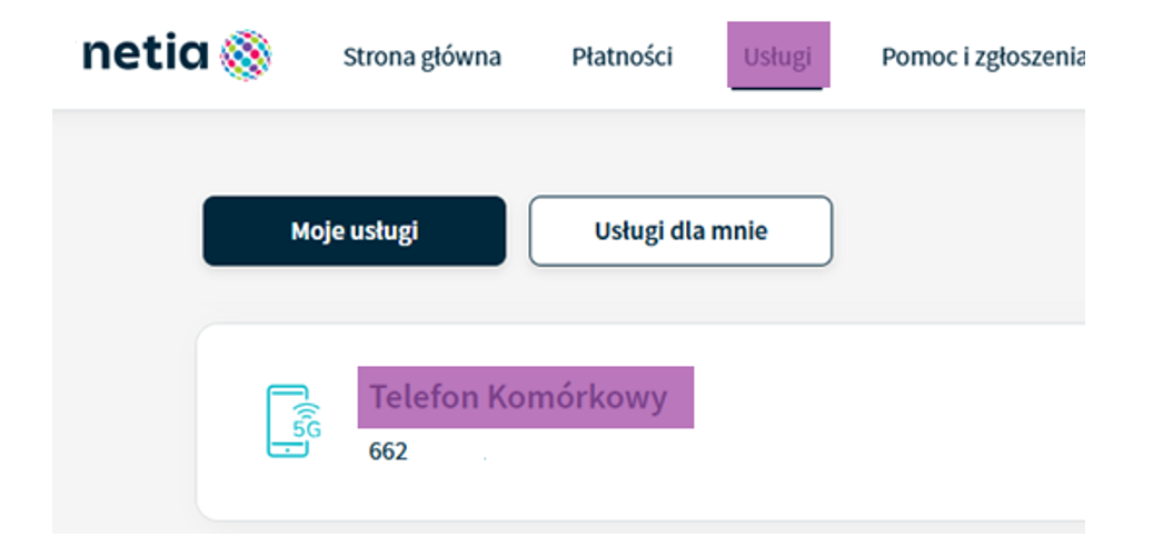 serwis netia on-line, sekcja moje usługi, widok usług mobilnych