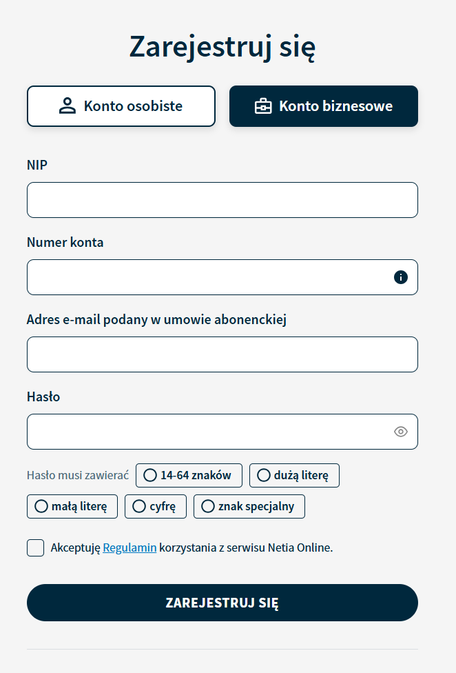 Netia On-line, rejestracja