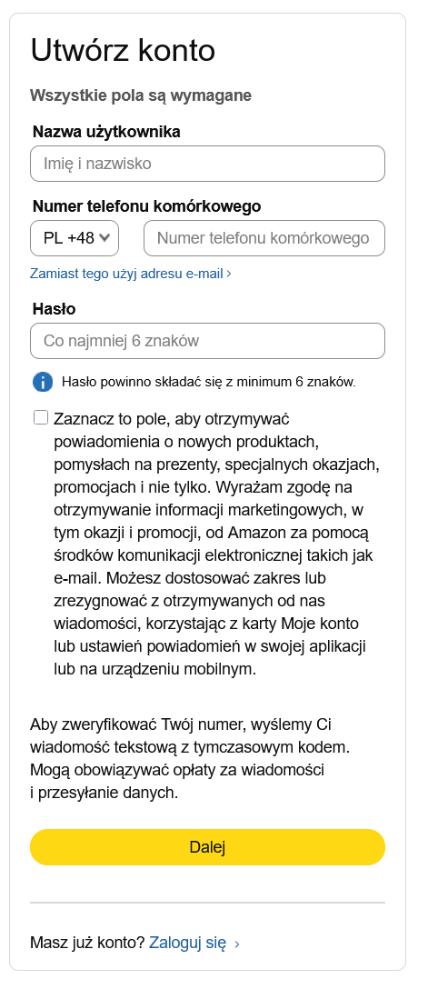 Amazon - rejestracja