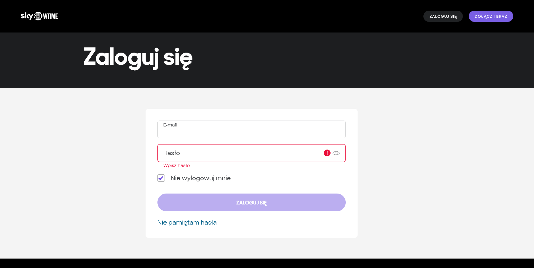 SkyShowtime - odzyskanie hasła