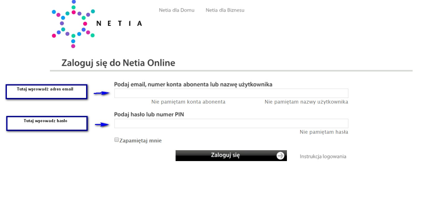 Formularz logowania do Netia Online ze wskazaniem na pola na adres e-mail oraz hasło