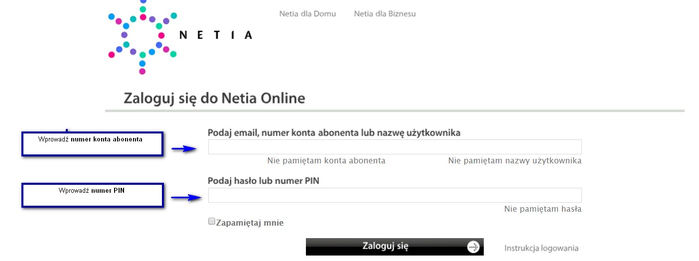 Formularz logowania do Netia Online ze wskazaniem na pola na numer konta abonenta oraz numer PIN