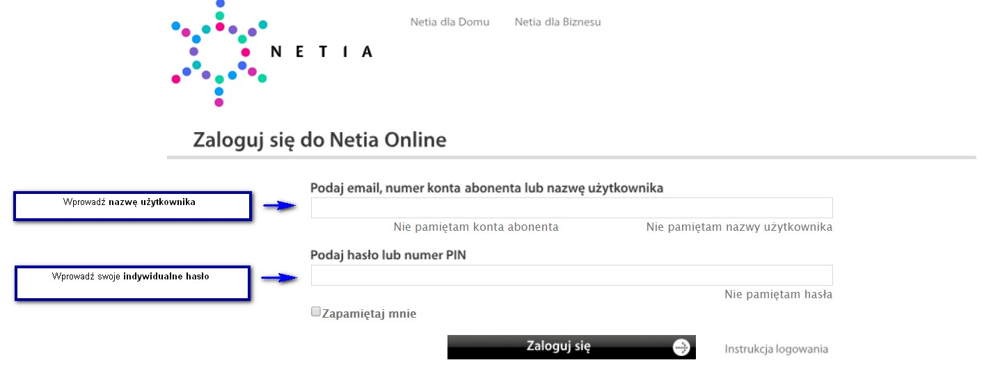 Formularz logowania do Netia Online ze wskazaniem na pola na nazwę użytkownika oraz hasło