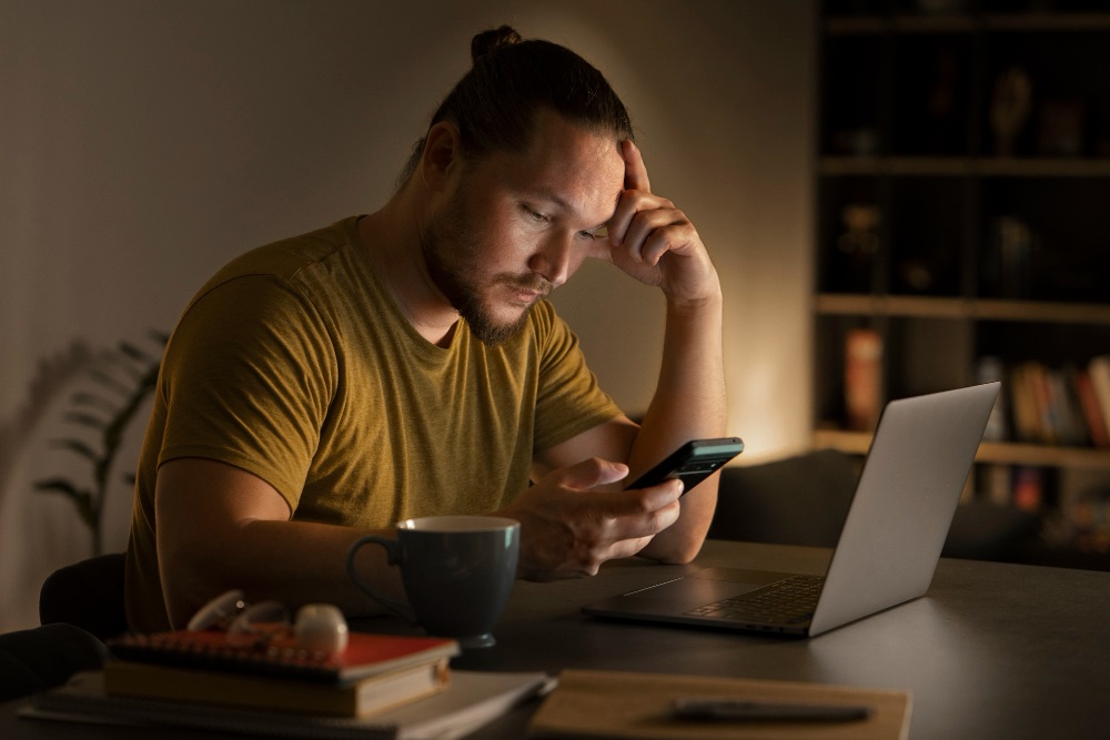 mężczyzna korzystający z telefonu i laptopa