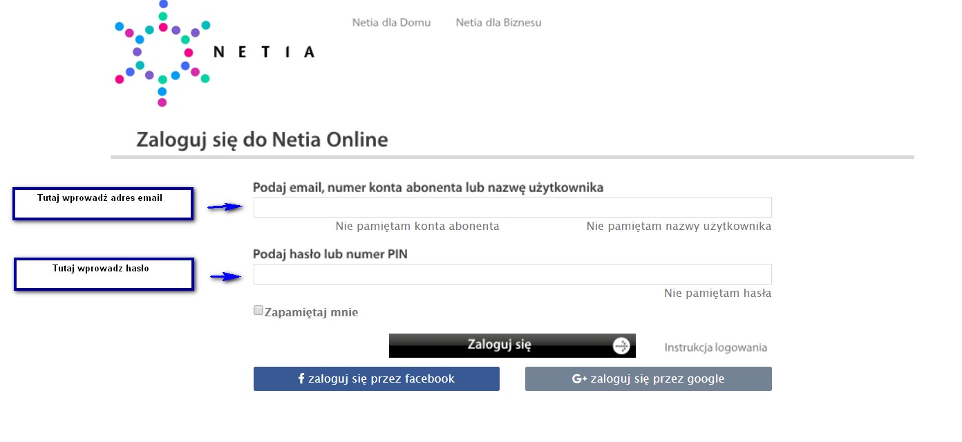 Formularz logowania do Netia Online ze wskazaniem na pola na adres e-mail oraz hasło