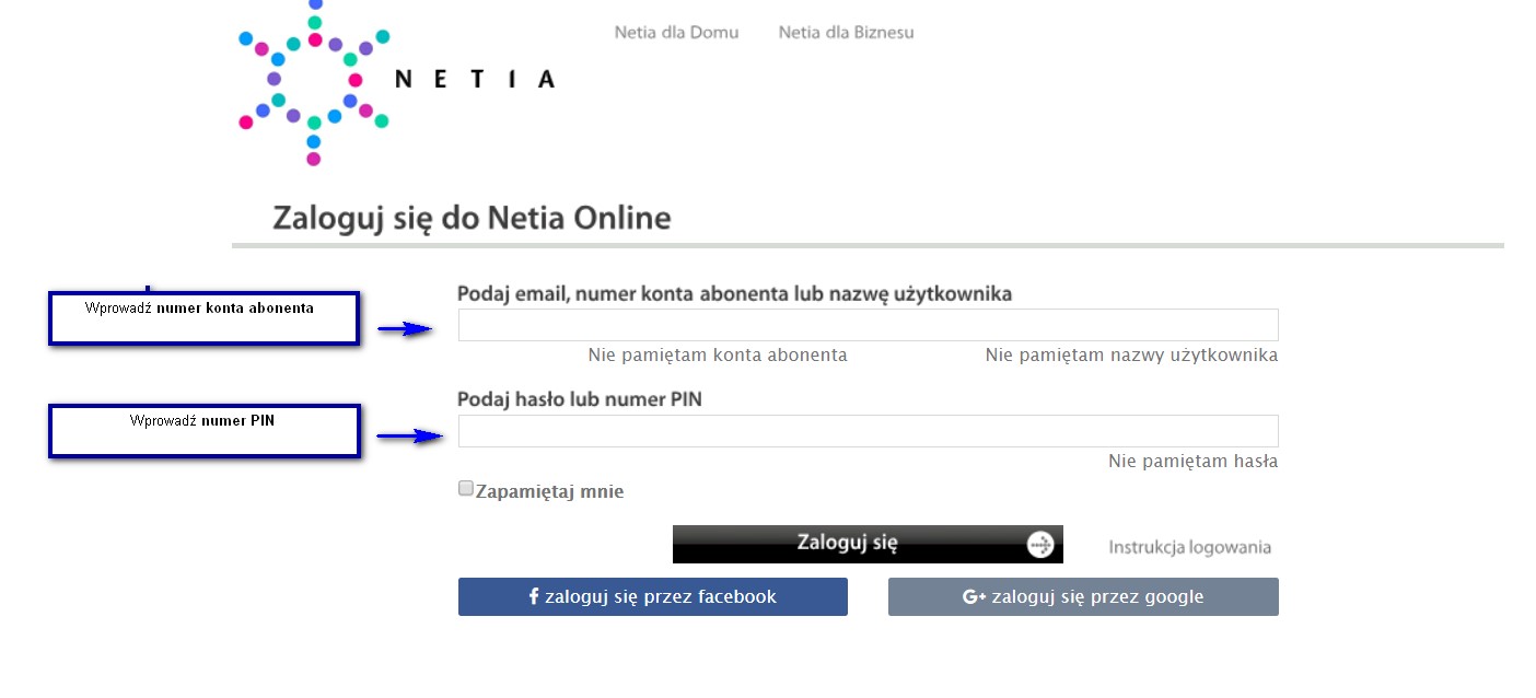 Formularz logowania do Netia Online ze wskazaniem na pola na numer konta abonenta oraz numer PIN