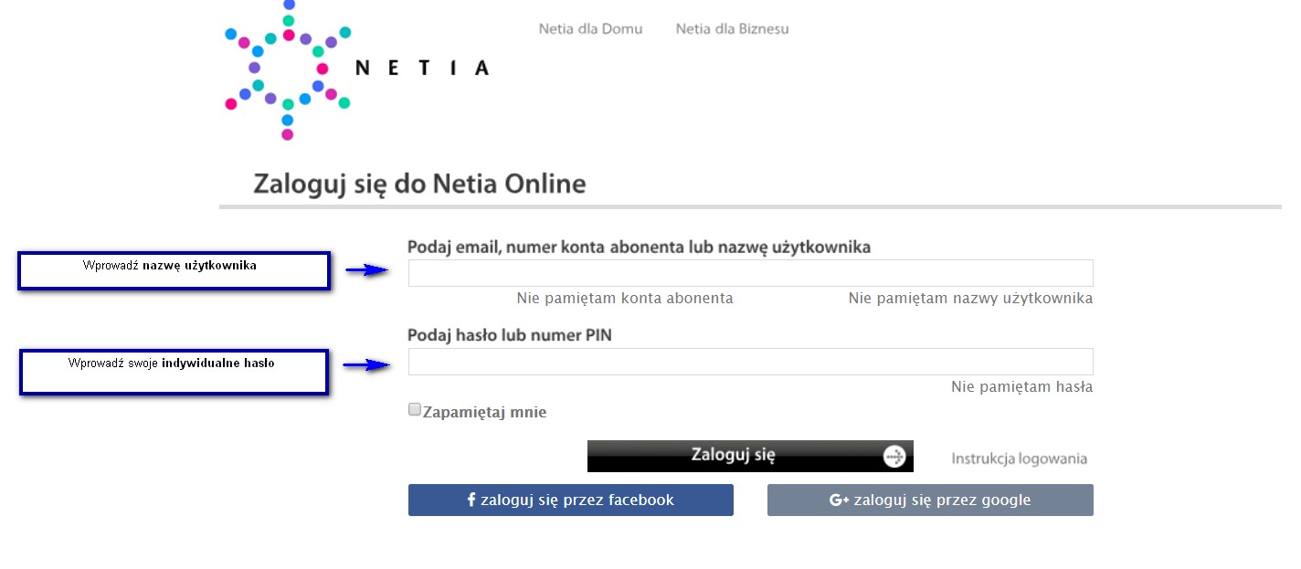 Formularz logowania do Netia Online ze wskazaniem na pola na nazwę użytkownika oraz hasło